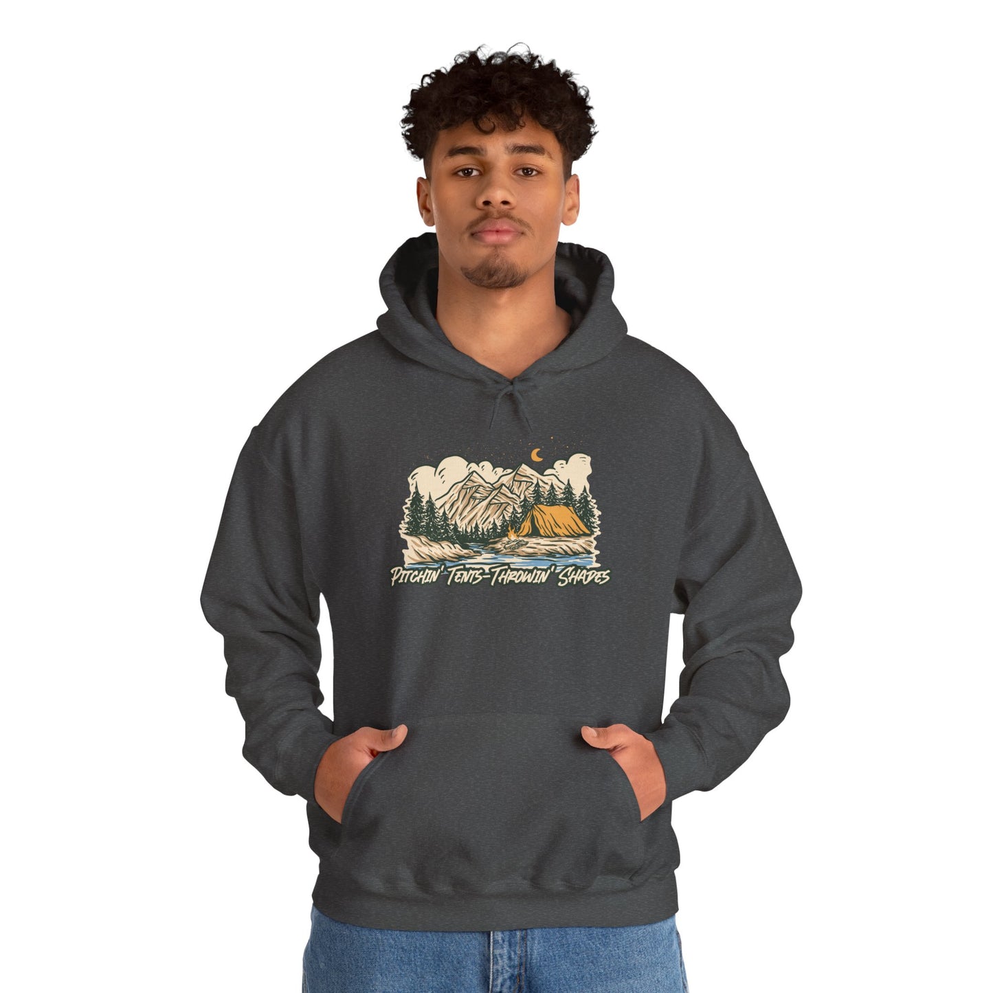 Pitchin Tents Throwin Shades Hoodie – Unisex Outdoor Adventure Sweatshirt, Camping Gear, Nature Lover Gift, Travel and Fall Apparel