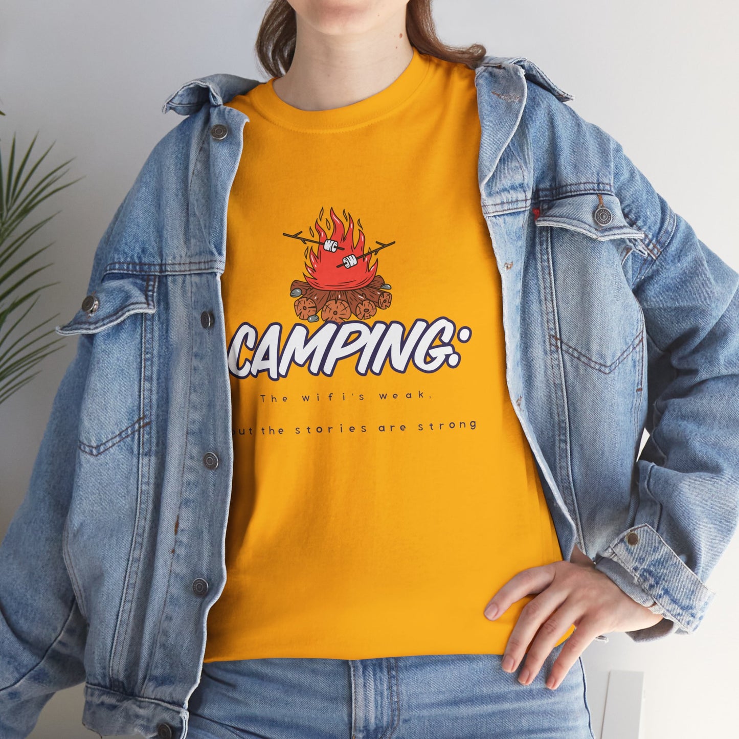 Camping: The WiFi is Weak, But the Stories Are Strong – Funny Camping T-Shirt for Campers & Nature Lovers | Unisex Heavy Cotton Tee, Outdoor Adventure Gift, Summer Camp Apparel