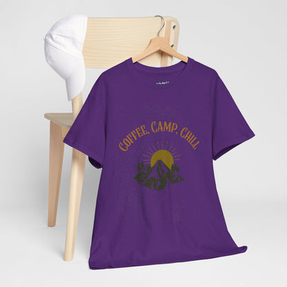 Coffee, Camp, Chill T-Shirt – Unisex Camping Tee for Outdoor Lovers, Adventure & Nature Gift, Cozy Travel Shirt for Summer