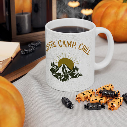 Coffee, Camp, Chill - Ceramic Mug, Funny Camping Coffee Cup