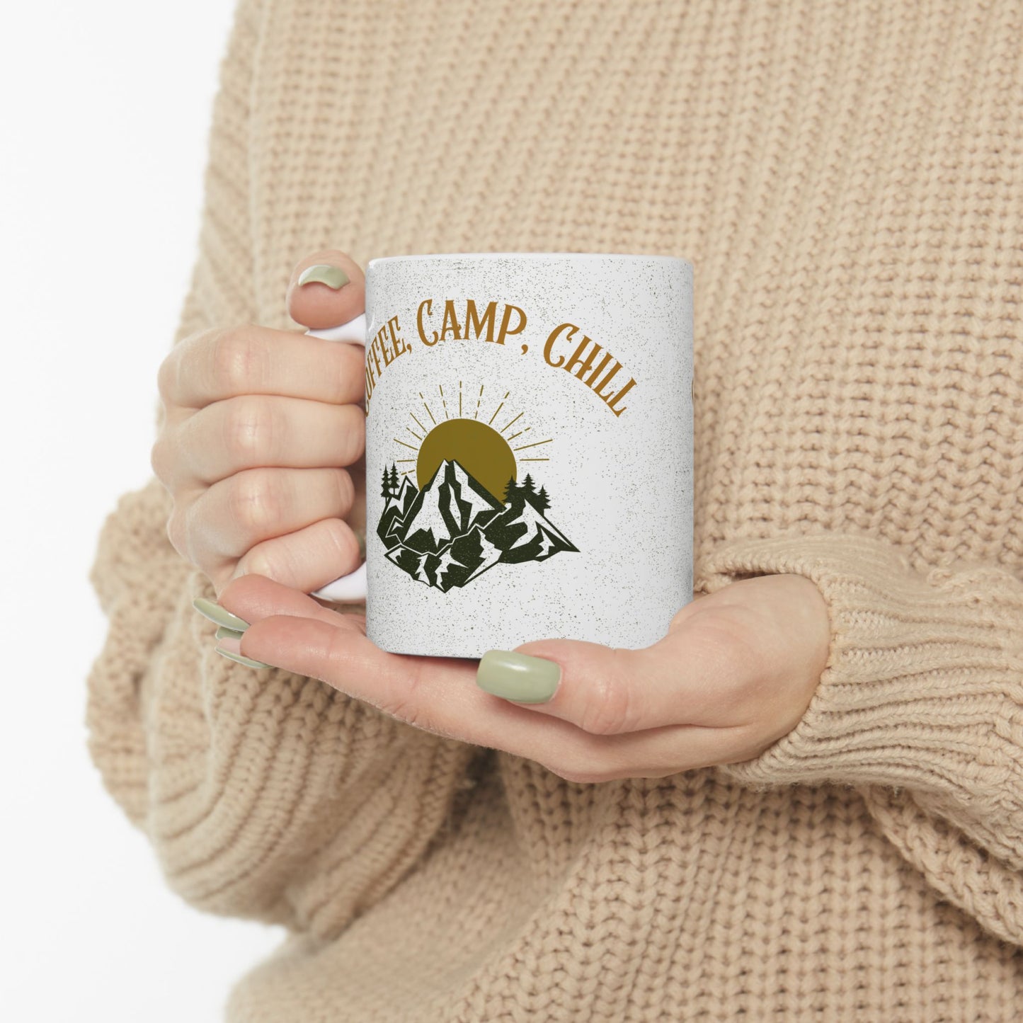 Coffee, Camp, Chill - Ceramic Mug, Funny Camping Coffee Cup