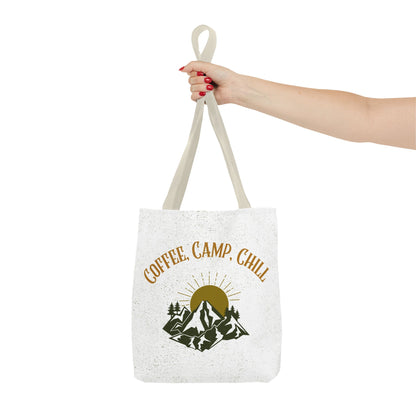 Coffee, Camp, Chill Funny Mountain Tote Bag