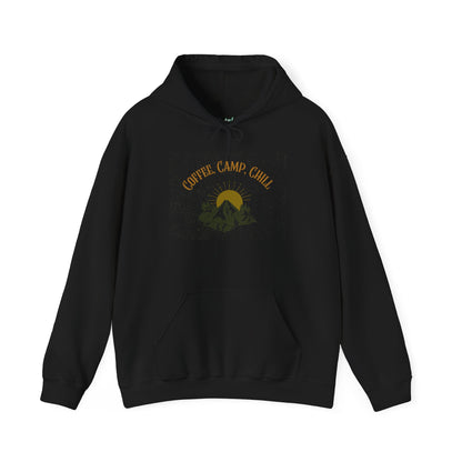 Coffee, Camp, Chill Hoodie – Outdoor Lovers Camping Sweatshirt, Hiking Gift, Warm Adventure Layer