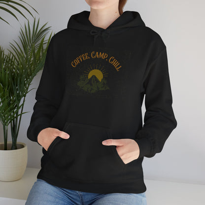 Coffee, Camp, Chill Hoodie – Outdoor Lovers Camping Sweatshirt, Hiking Gift, Warm Adventure Layer