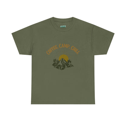 Coffee, Camp, Chill T-Shirt – Unisex Camping Tee for Outdoor Lovers, Adventure & Nature Gift, Cozy Travel Shirt for Summer