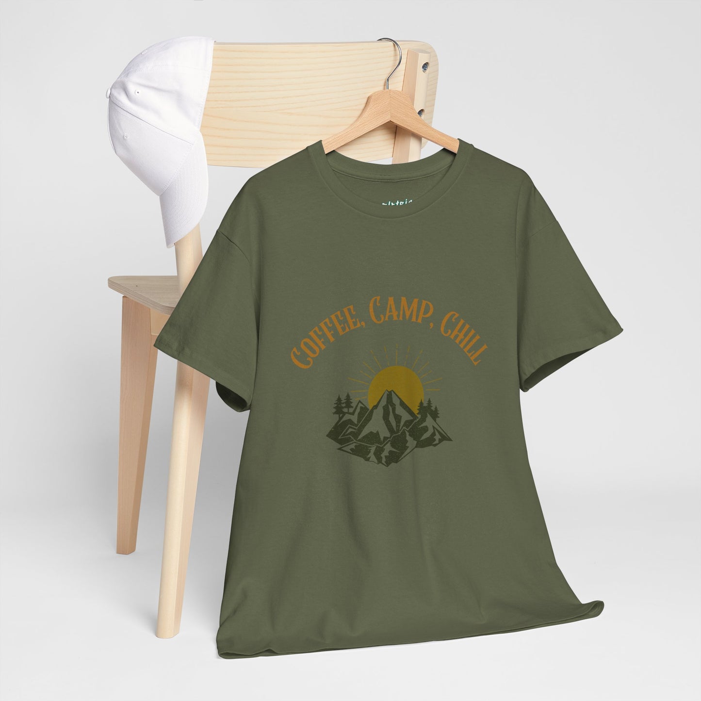Coffee, Camp, Chill T-Shirt – Unisex Camping Tee for Outdoor Lovers, Adventure & Nature Gift, Cozy Travel Shirt for Summer
