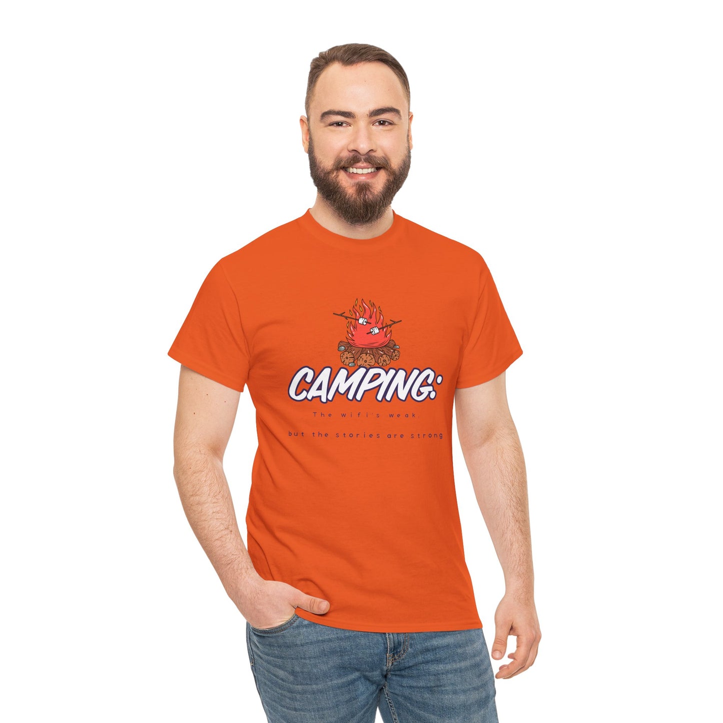 Camping: The WiFi is Weak, But the Stories Are Strong – Funny Camping T-Shirt for Campers & Nature Lovers | Unisex Heavy Cotton Tee, Outdoor Adventure Gift, Summer Camp Apparel