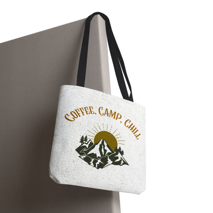 Coffee, Camp, Chill Funny Mountain Tote Bag