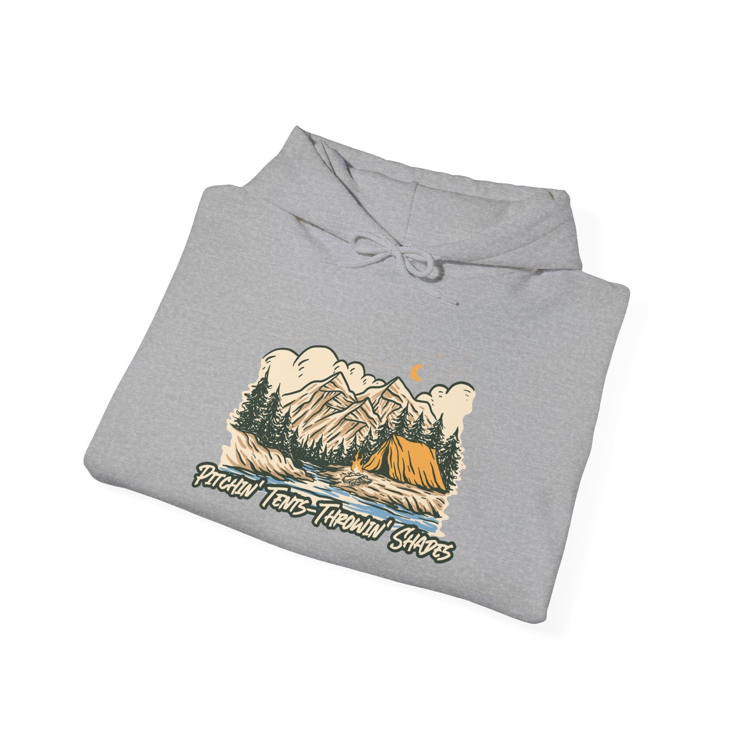 Pitchin Tents Throwin Shades Hoodie – Unisex Outdoor Adventure Sweatshirt, Camping Gear, Nature Lover Gift, Travel and Fall Apparel