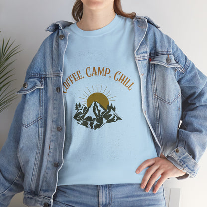 Coffee, Camp, Chill T-Shirt – Unisex Camping Tee for Outdoor Lovers, Adventure & Nature Gift, Cozy Travel Shirt for Summer