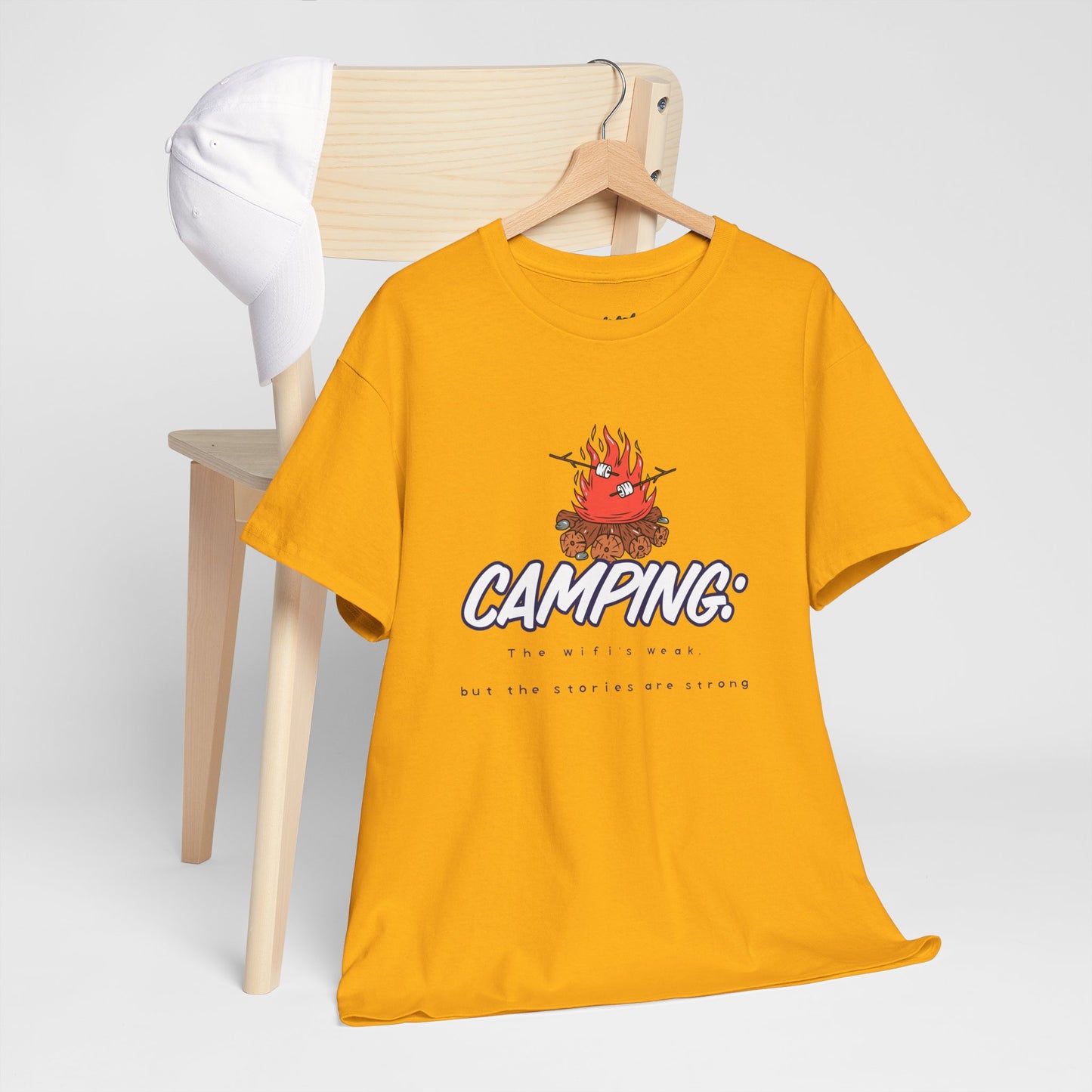 Camping: The WiFi is Weak, But the Stories Are Strong – Funny Camping T-Shirt for Campers & Nature Lovers | Unisex Heavy Cotton Tee, Outdoor Adventure Gift, Summer Camp Apparel