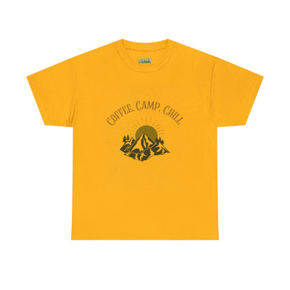Coffee, Camp, Chill T-Shirt – Unisex Camping Tee for Outdoor Lovers, Adventure & Nature Gift, Cozy Travel Shirt for Summer