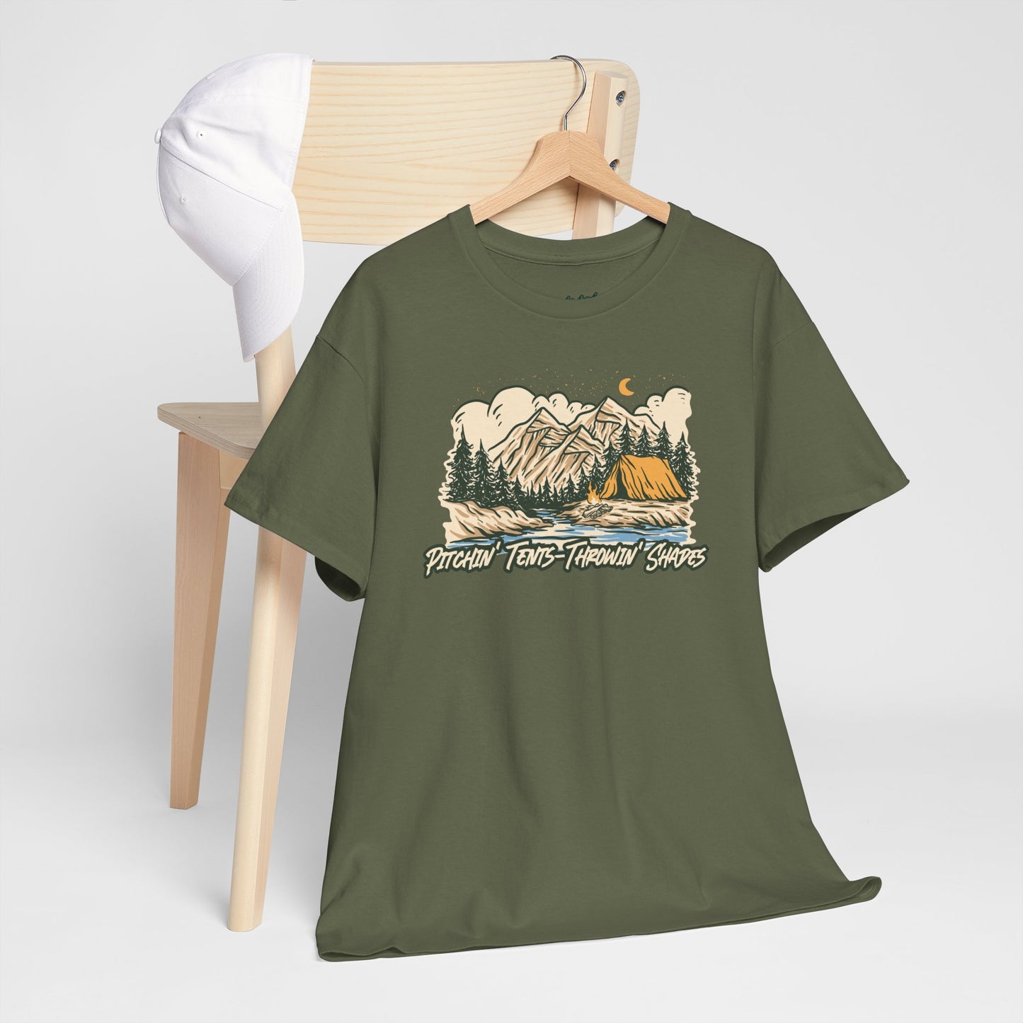 Pitchin Tents Throwin Shades – Funny Camping T-Shirt for Hikers & Outdoor Enthusiasts | Unisex Heavy Cotton Tee, Nature Lover Gift, Adventure Apparel