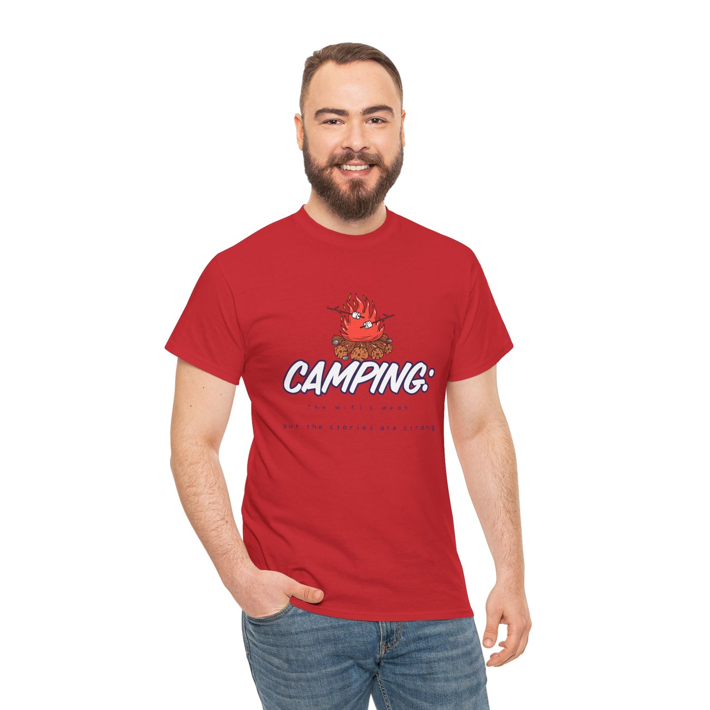 Camping: The WiFi is Weak, But the Stories Are Strong – Funny Camping T-Shirt for Campers & Nature Lovers | Unisex Heavy Cotton Tee, Outdoor Adventure Gift, Summer Camp Apparel
