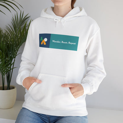 Unisex Wander Roast Repeat Hoodie – Cozy Travel Sweatshirt for Adventurers, Coffee Lovers, Outdoor Fun, Gift for Travelers, Everyday Pullover