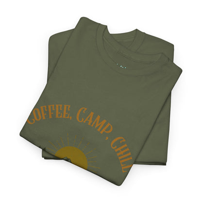 Coffee, Camp, Chill T-Shirt – Unisex Camping Tee for Outdoor Lovers, Adventure & Nature Gift, Cozy Travel Shirt for Summer