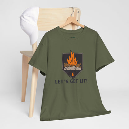 Lets Get Lit - Campfire Unisex Heavy Cotton Tee, Funny Camping T Shirt, Summer BBQ Top, Outdoor Bonfire Apparel, Gift for Campers or Nature Enthusiasts
