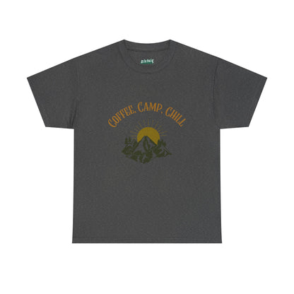 Coffee, Camp, Chill T-Shirt – Unisex Camping Tee for Outdoor Lovers, Adventure & Nature Gift, Cozy Travel Shirt for Summer