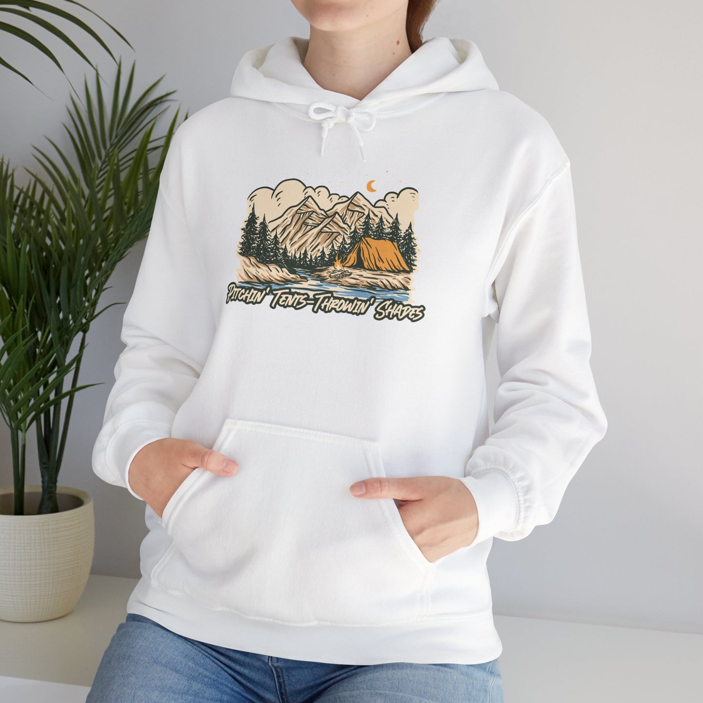 Pitchin Tents Throwin Shades Hoodie – Unisex Outdoor Adventure Sweatshirt, Camping Gear, Nature Lover Gift, Travel and Fall Apparel