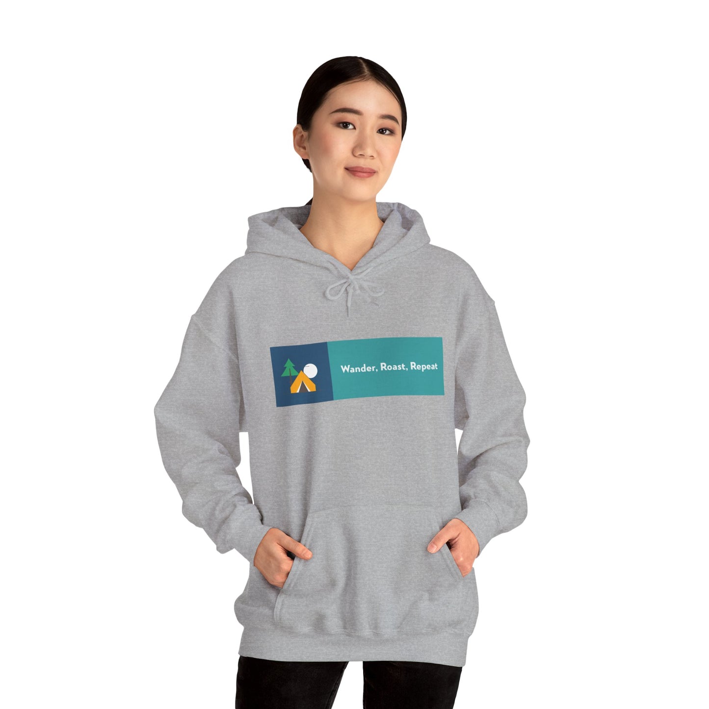 Unisex Wander Roast Repeat Hoodie – Cozy Travel Sweatshirt for Adventurers, Coffee Lovers, Outdoor Fun, Gift for Travelers, Everyday Pullover