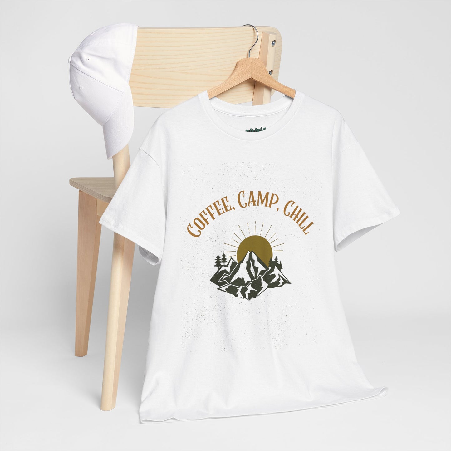 Coffee, Camp, Chill T-Shirt – Unisex Camping Tee for Outdoor Lovers, Adventure & Nature Gift, Cozy Travel Shirt for Summer
