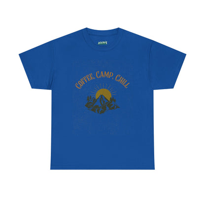 Coffee, Camp, Chill T-Shirt – Unisex Camping Tee for Outdoor Lovers, Adventure & Nature Gift, Cozy Travel Shirt for Summer