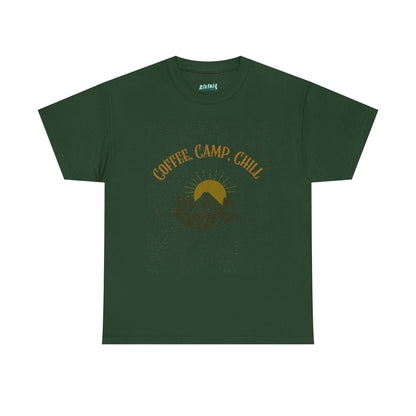 Coffee, Camp, Chill T-Shirt – Unisex Camping Tee for Outdoor Lovers, Adventure & Nature Gift, Cozy Travel Shirt for Summer