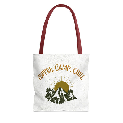 Coffee, Camp, Chill Funny Mountain Tote Bag