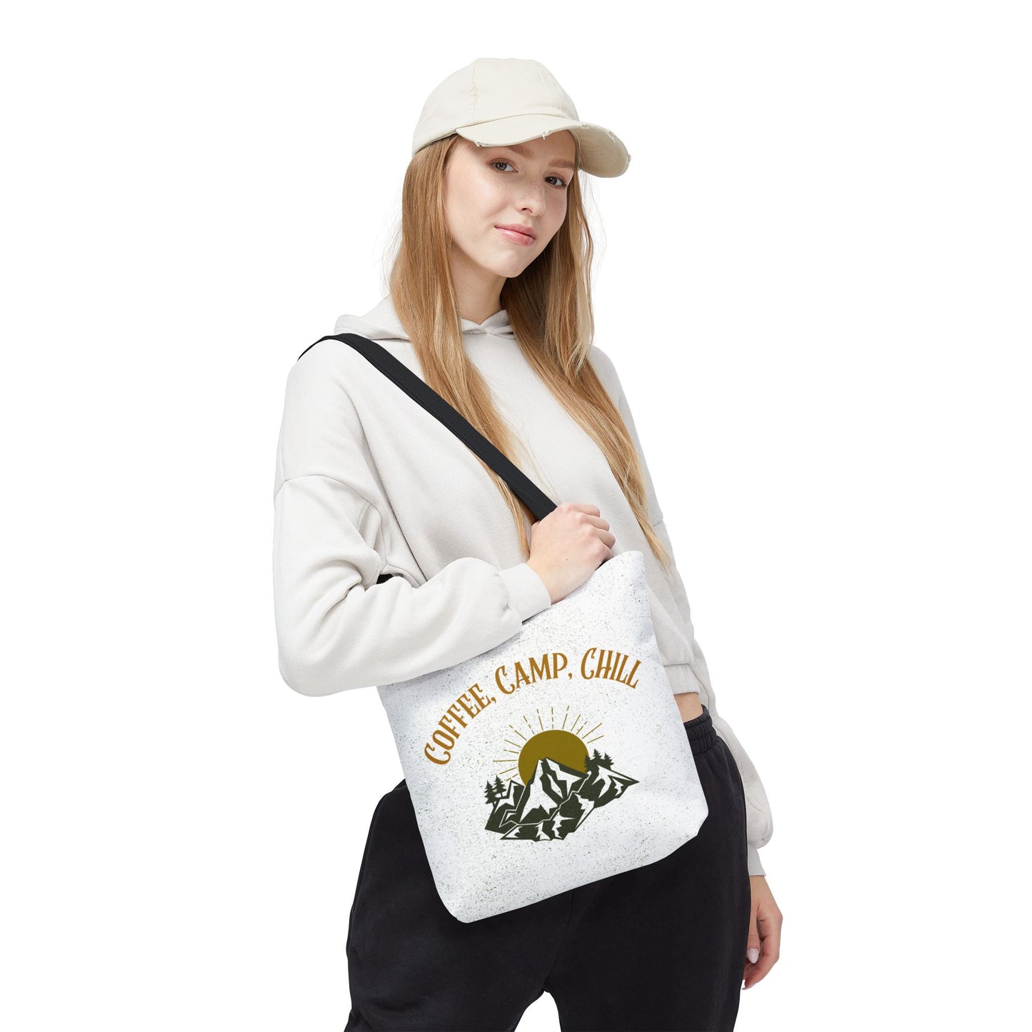 Coffee, Camp, Chill Funny Mountain Tote Bag