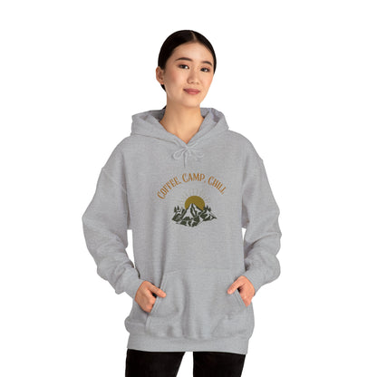 Coffee, Camp, Chill Hoodie – Outdoor Lovers Camping Sweatshirt, Hiking Gift, Warm Adventure Layer