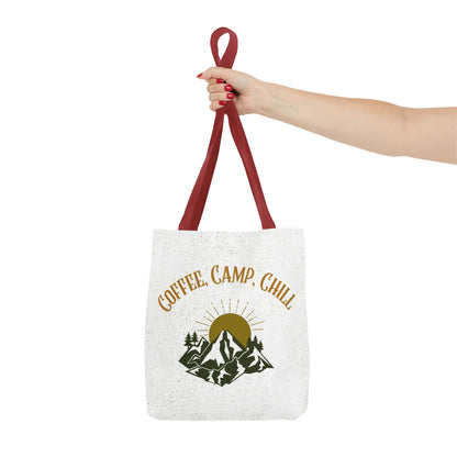 Coffee, Camp, Chill Funny Mountain Tote Bag