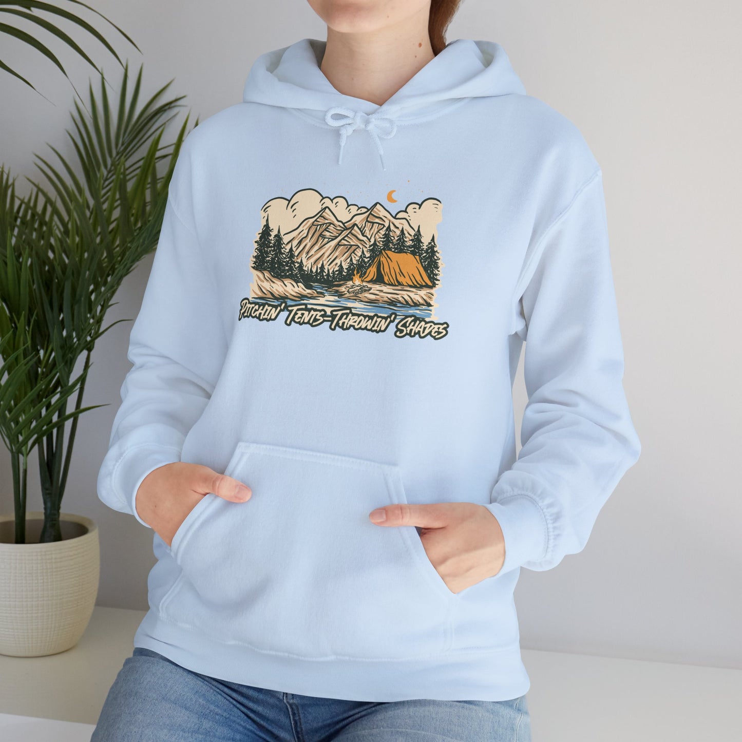 Pitchin Tents Throwin Shades Hoodie – Unisex Outdoor Adventure Sweatshirt, Camping Gear, Nature Lover Gift, Travel and Fall Apparel