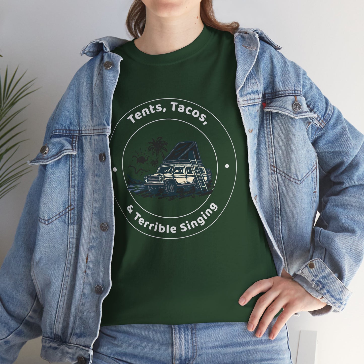 Tents, Tacos, and Terrible Singing Tee – Funny Camping T-Shirt for Campers and Adventure Lovers, Unisex Heavy Cotton Tee, Outdoor Fun Gift, Travel Apparel
