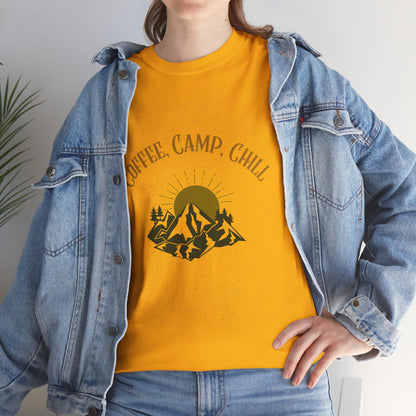 Coffee, Camp, Chill T-Shirt – Unisex Camping Tee for Outdoor Lovers, Adventure & Nature Gift, Cozy Travel Shirt for Summer
