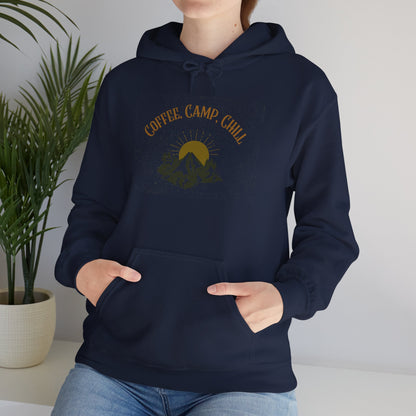 Coffee, Camp, Chill Hoodie – Outdoor Lovers Camping Sweatshirt, Hiking Gift, Warm Adventure Layer