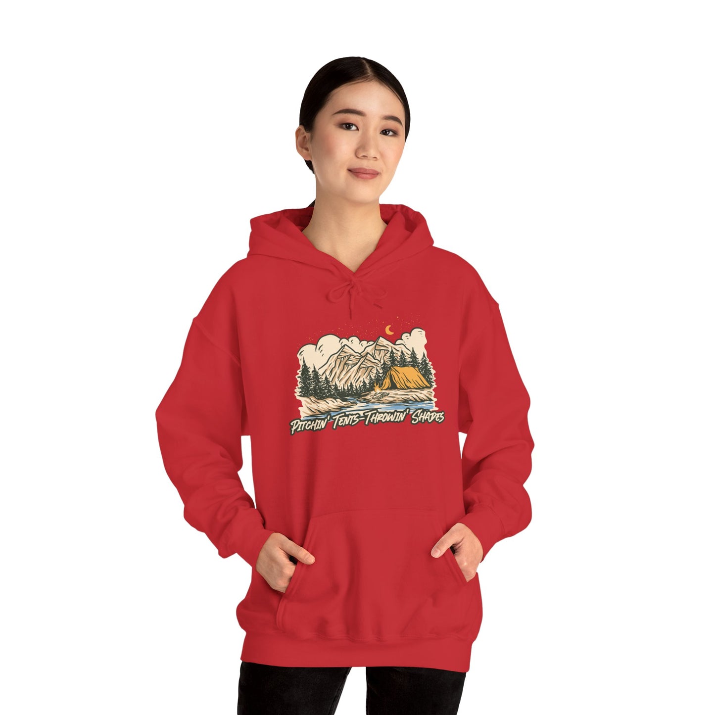 Pitchin Tents Throwin Shades Hoodie – Unisex Outdoor Adventure Sweatshirt, Camping Gear, Nature Lover Gift, Travel and Fall Apparel