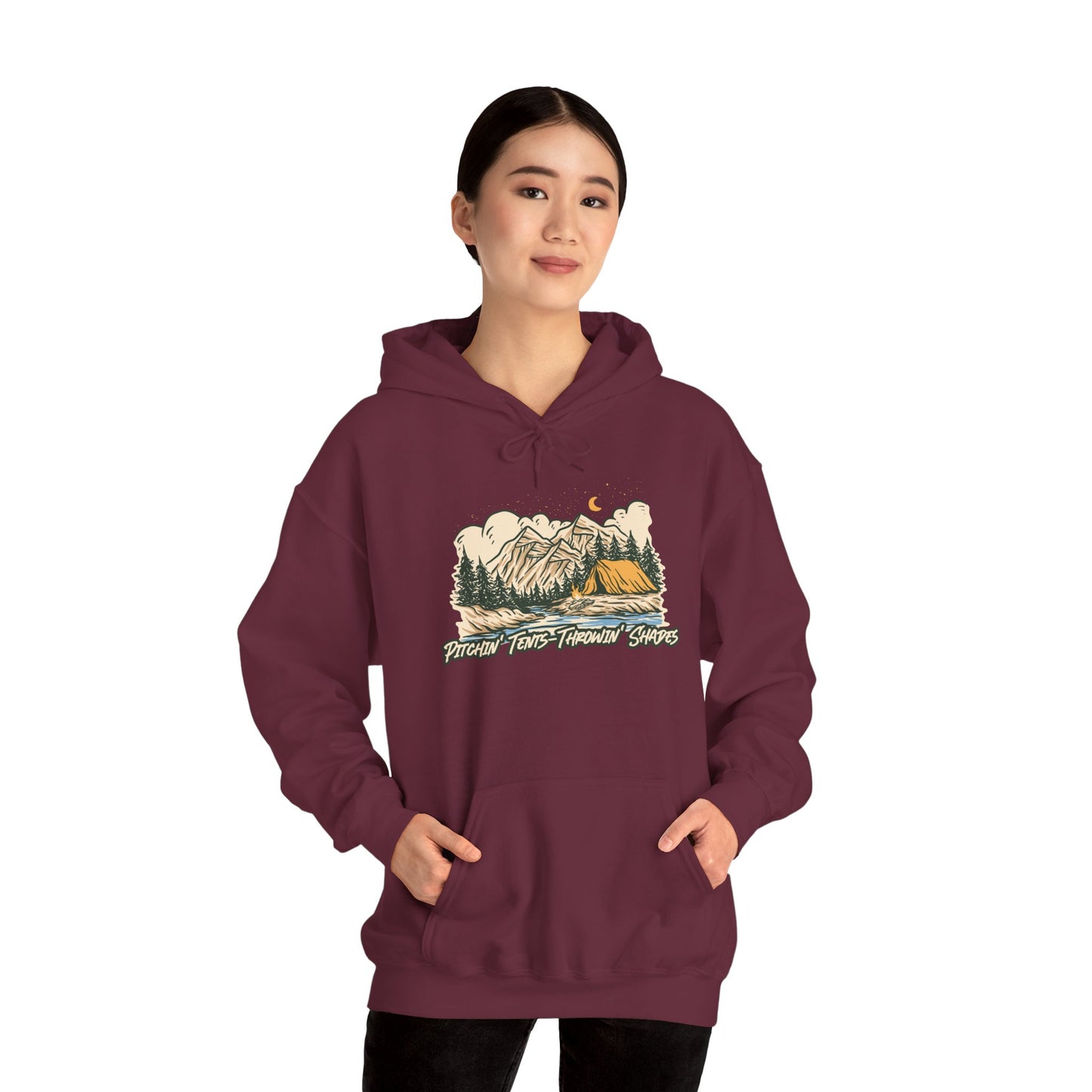 Pitchin Tents Throwin Shades Hoodie – Unisex Outdoor Adventure Sweatshirt, Camping Gear, Nature Lover Gift, Travel and Fall Apparel