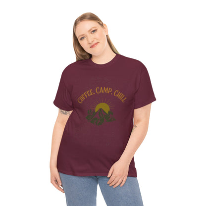 Coffee, Camp, Chill T-Shirt – Unisex Camping Tee for Outdoor Lovers, Adventure & Nature Gift, Cozy Travel Shirt for Summer