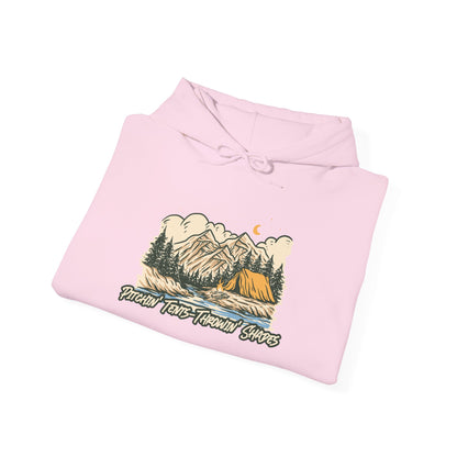 Pitchin Tents Throwin Shades Hoodie – Unisex Outdoor Adventure Sweatshirt, Camping Gear, Nature Lover Gift, Travel and Fall Apparel