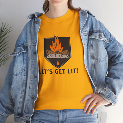Lets Get Lit - Campfire Unisex Heavy Cotton Tee, Funny Camping T Shirt, Summer BBQ Top, Outdoor Bonfire Apparel, Gift for Campers or Nature Enthusiasts