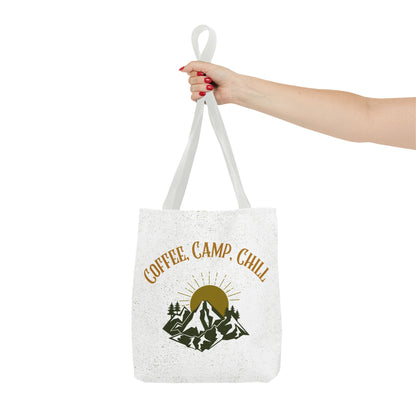 Coffee, Camp, Chill Funny Mountain Tote Bag
