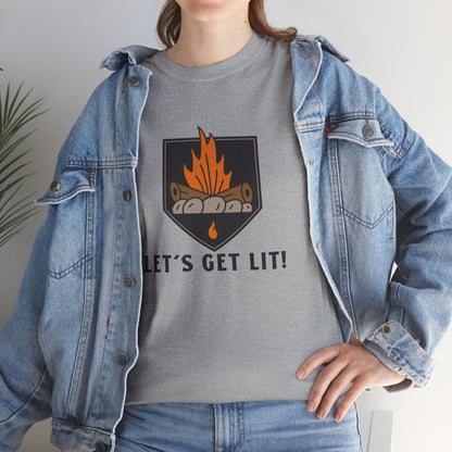Lets Get Lit - Campfire Unisex Heavy Cotton Tee, Funny Camping T Shirt, Summer BBQ Top, Outdoor Bonfire Apparel, Gift for Campers or Nature Enthusiasts