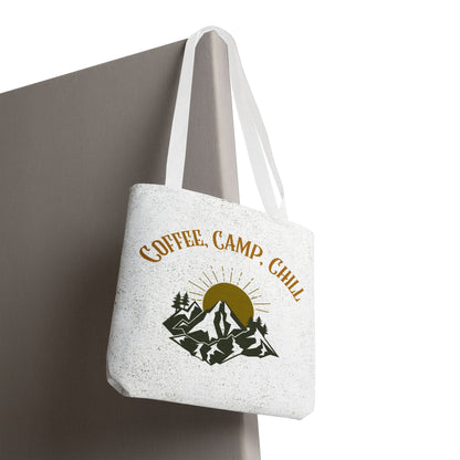 Coffee, Camp, Chill Funny Mountain Tote Bag