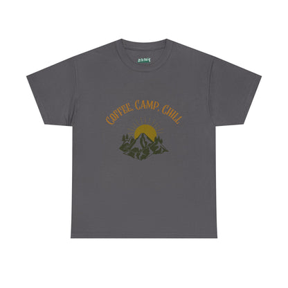 Coffee, Camp, Chill T-Shirt – Unisex Camping Tee for Outdoor Lovers, Adventure & Nature Gift, Cozy Travel Shirt for Summer