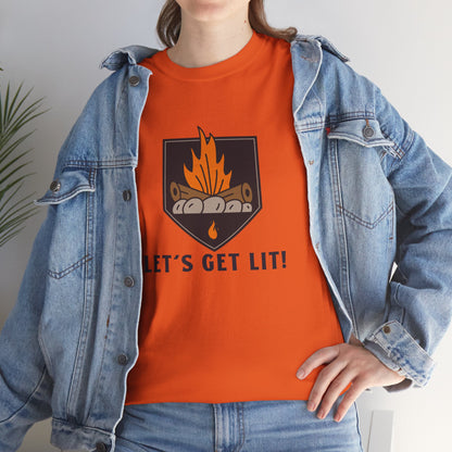 Lets Get Lit - Campfire Unisex Heavy Cotton Tee, Funny Camping T Shirt, Summer BBQ Top, Outdoor Bonfire Apparel, Gift for Campers or Nature Enthusiasts