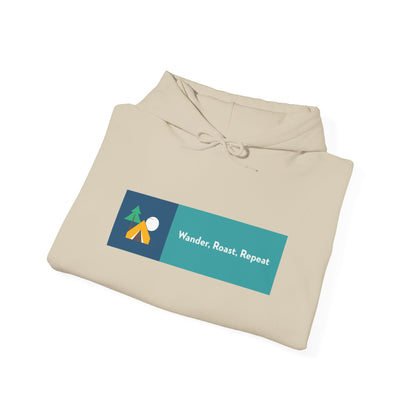 Unisex Wander Roast Repeat Hoodie – Cozy Travel Sweatshirt for Adventurers, Coffee Lovers, Outdoor Fun, Gift for Travelers, Everyday Pullover