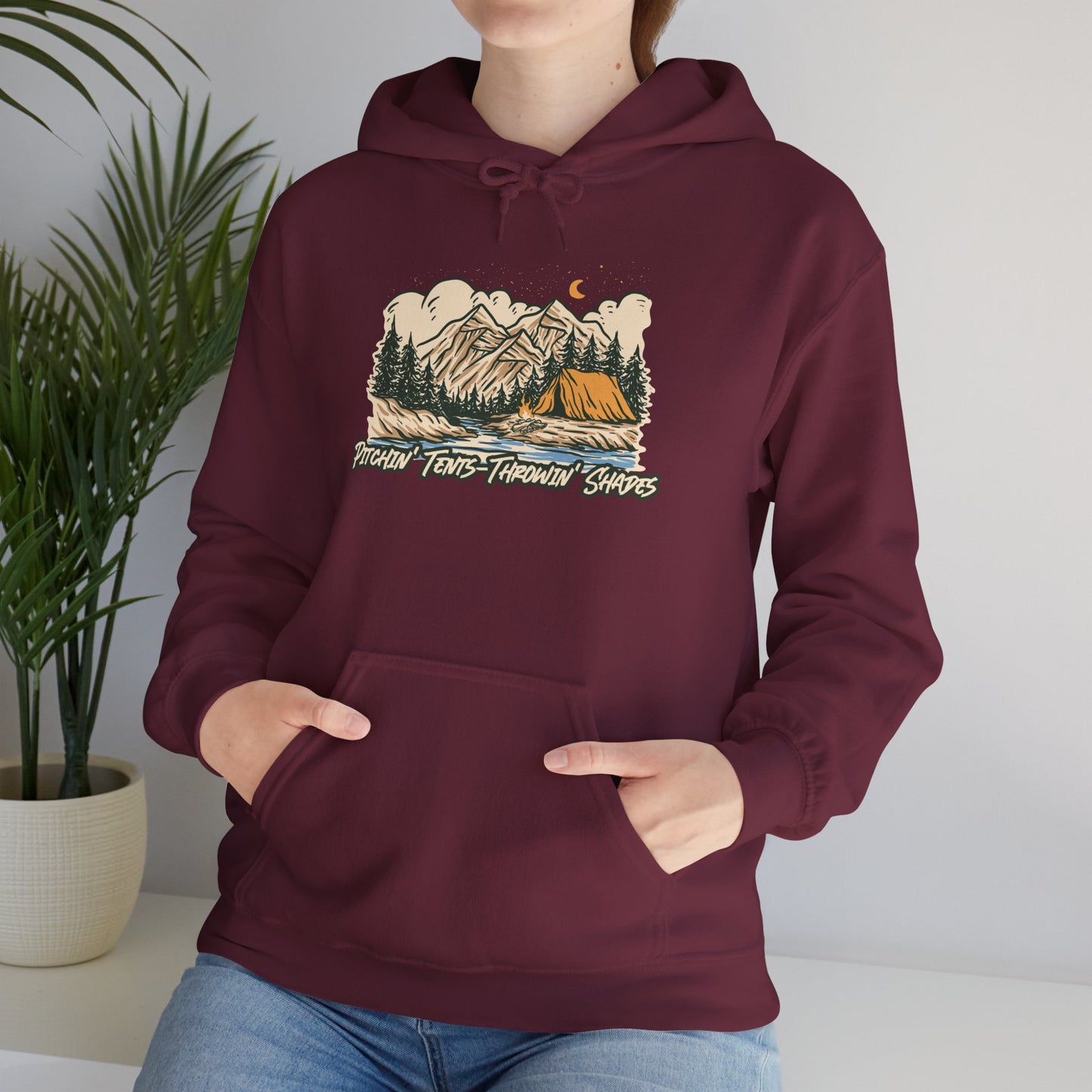 Pitchin Tents Throwin Shades Hoodie – Unisex Outdoor Adventure Sweatshirt, Camping Gear, Nature Lover Gift, Travel and Fall Apparel
