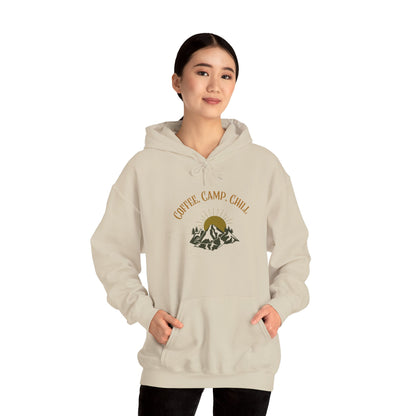 Coffee, Camp, Chill Hoodie – Outdoor Lovers Camping Sweatshirt, Hiking Gift, Warm Adventure Layer
