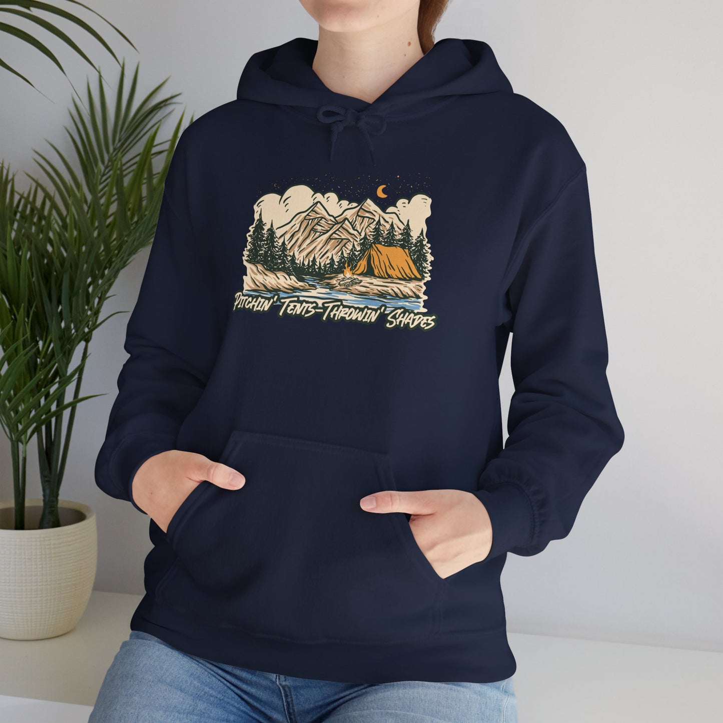 Pitchin Tents Throwin Shades Hoodie – Unisex Outdoor Adventure Sweatshirt, Camping Gear, Nature Lover Gift, Travel and Fall Apparel