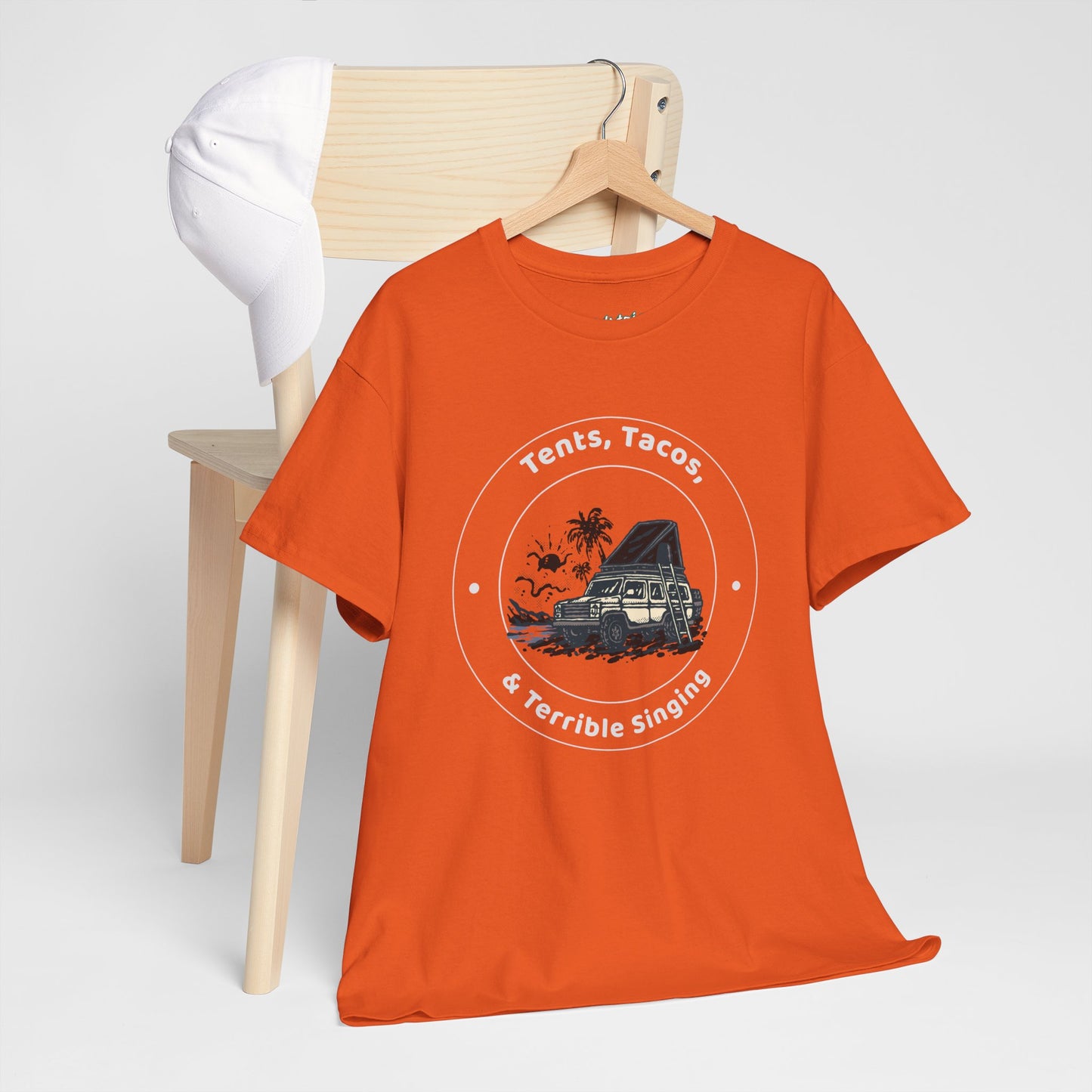 Tents, Tacos, and Terrible Singing Tee – Funny Camping T-Shirt for Campers and Adventure Lovers, Unisex Heavy Cotton Tee, Outdoor Fun Gift, Travel Apparel